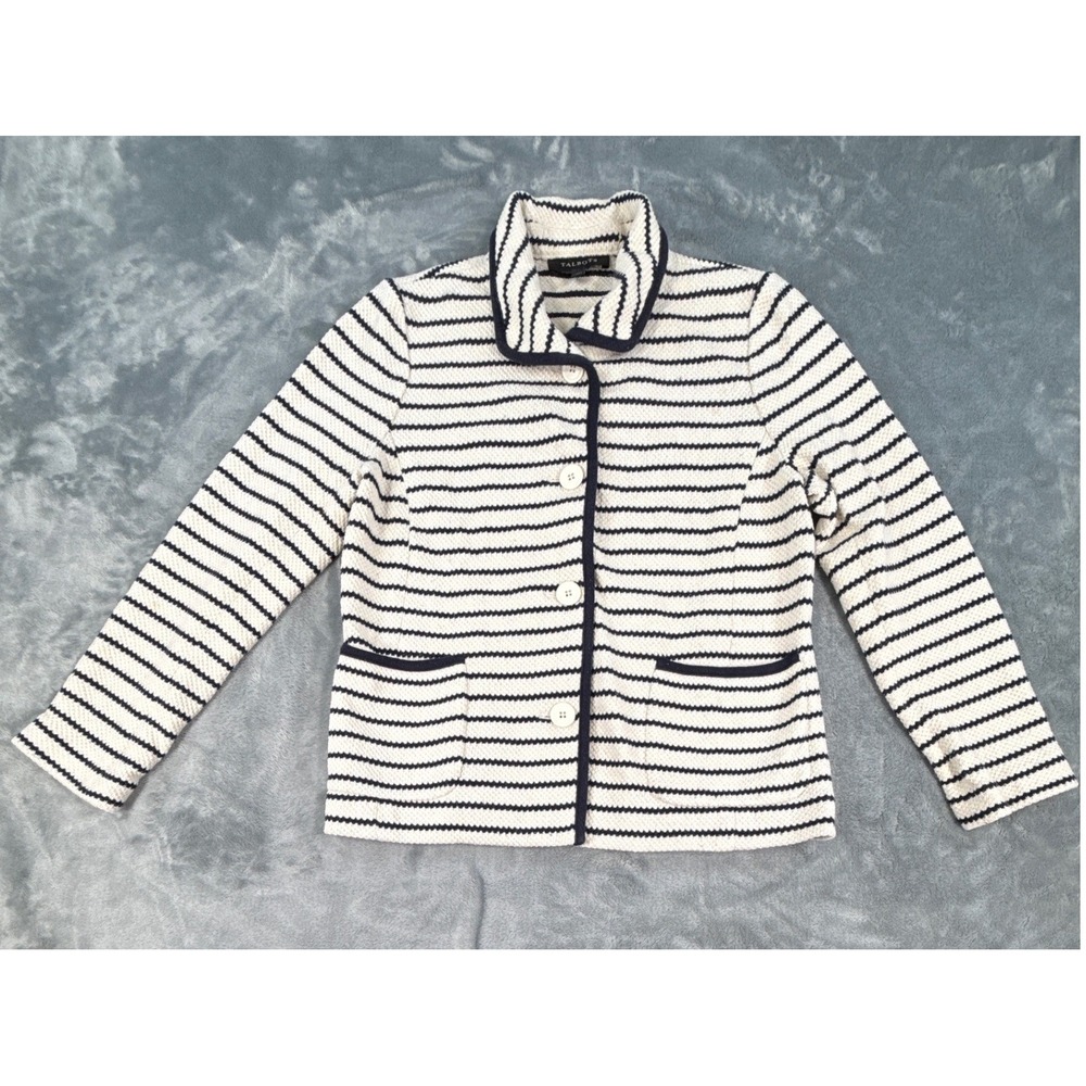 Talbots Womens Small Knit Blazer Black White Striped Button Front Cotton Jacket
